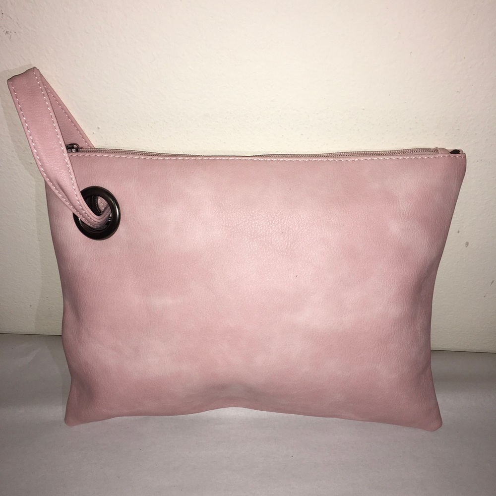 Pink clutch bag.